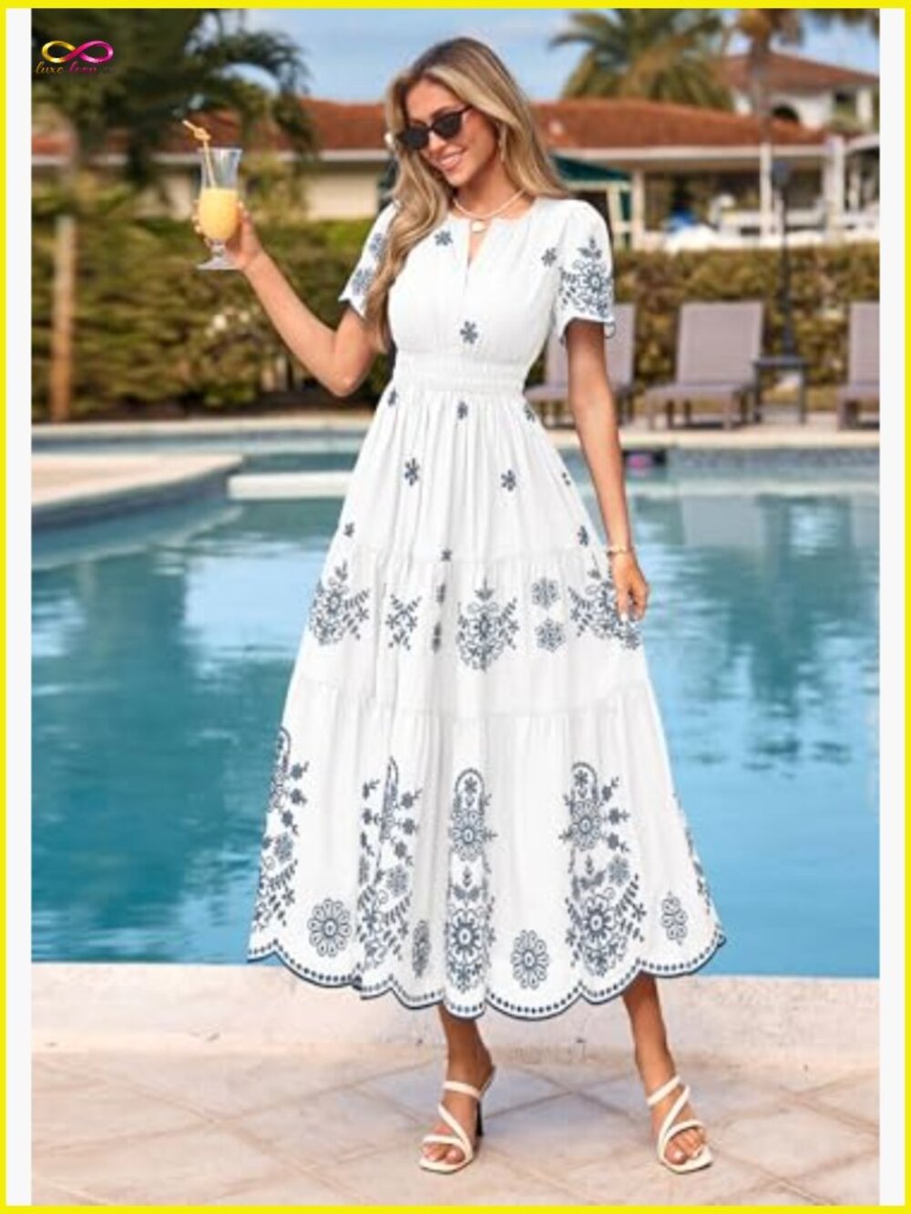 Boho Maxi Dress V Neck Short Sleeve Empire Waist Flowy Tiered Casual Summer - Picture 2 of 7